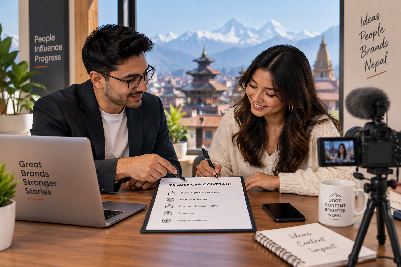 Brand representative and content creator reviewing an influencer contract in Nepal