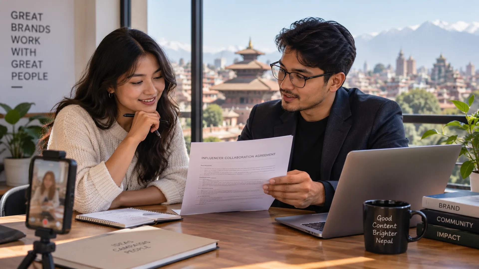 Brand representative and content creator reviewing an influencer contract in Nepal